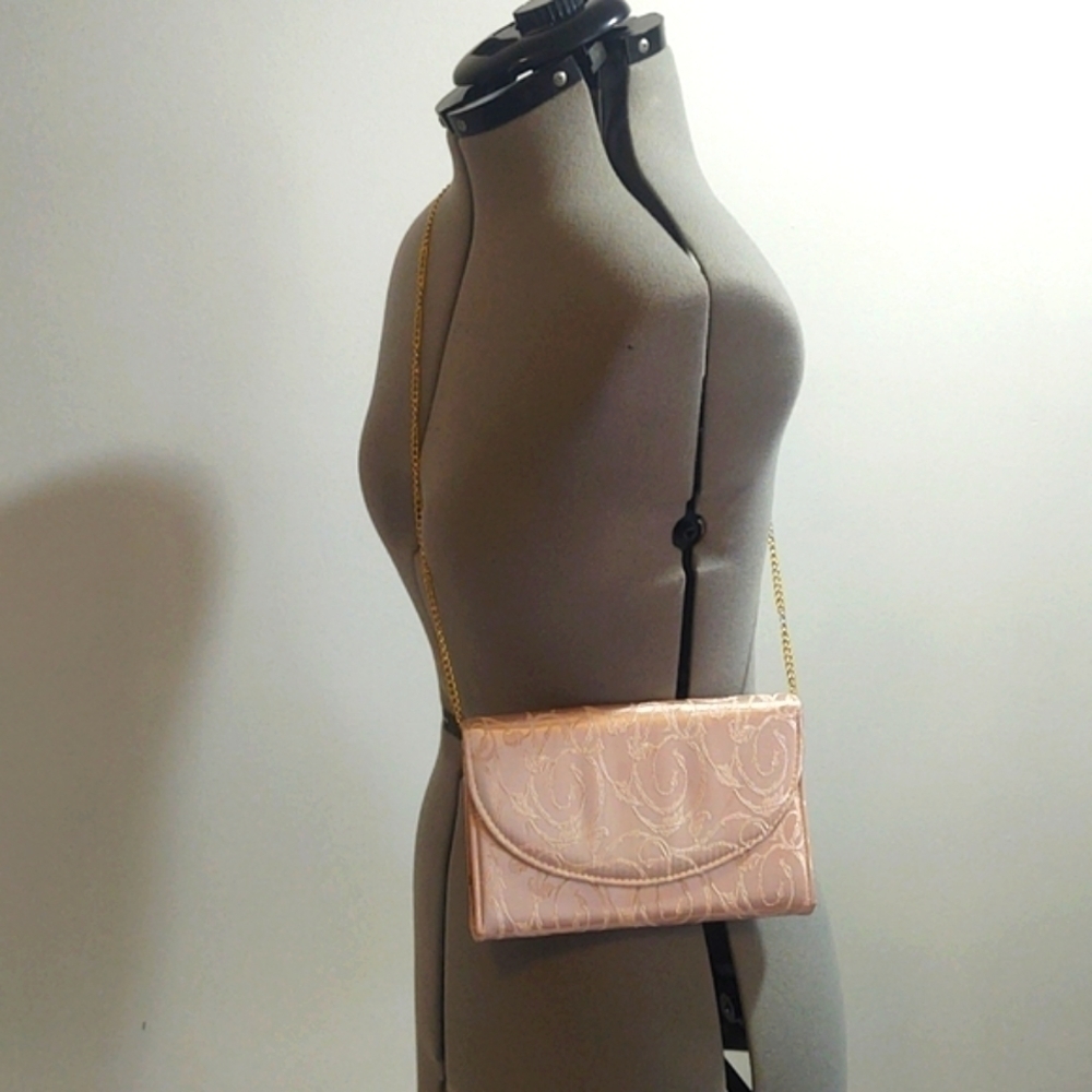 Pastel Pink Satin-Like Handbag With Gold Chain Strap